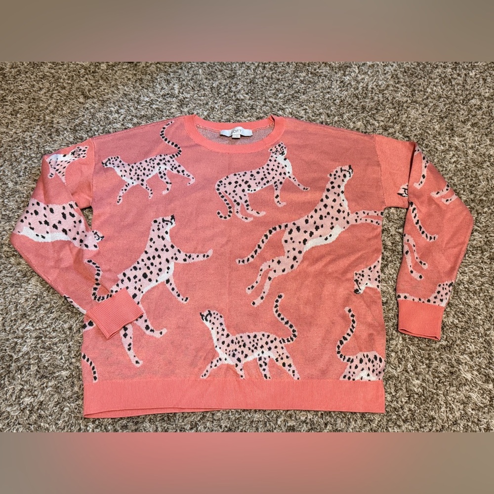 LOFT Coral Pink Leopard Motif Crewneck Sweater